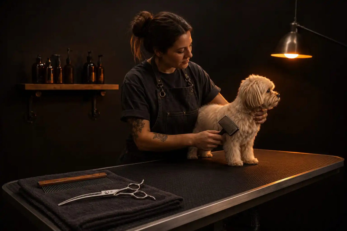 Pet groomer brushing a dog at the grooming bench, FUSHEART shears resting on a towel