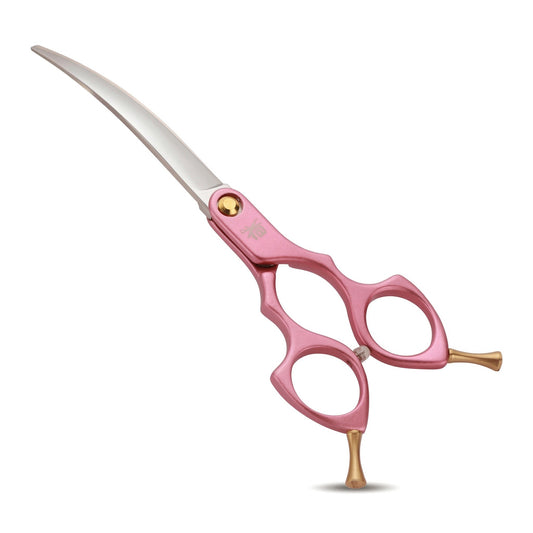 6.5 inch curved dog grooming scissors, pink with gold hardware, on a white background